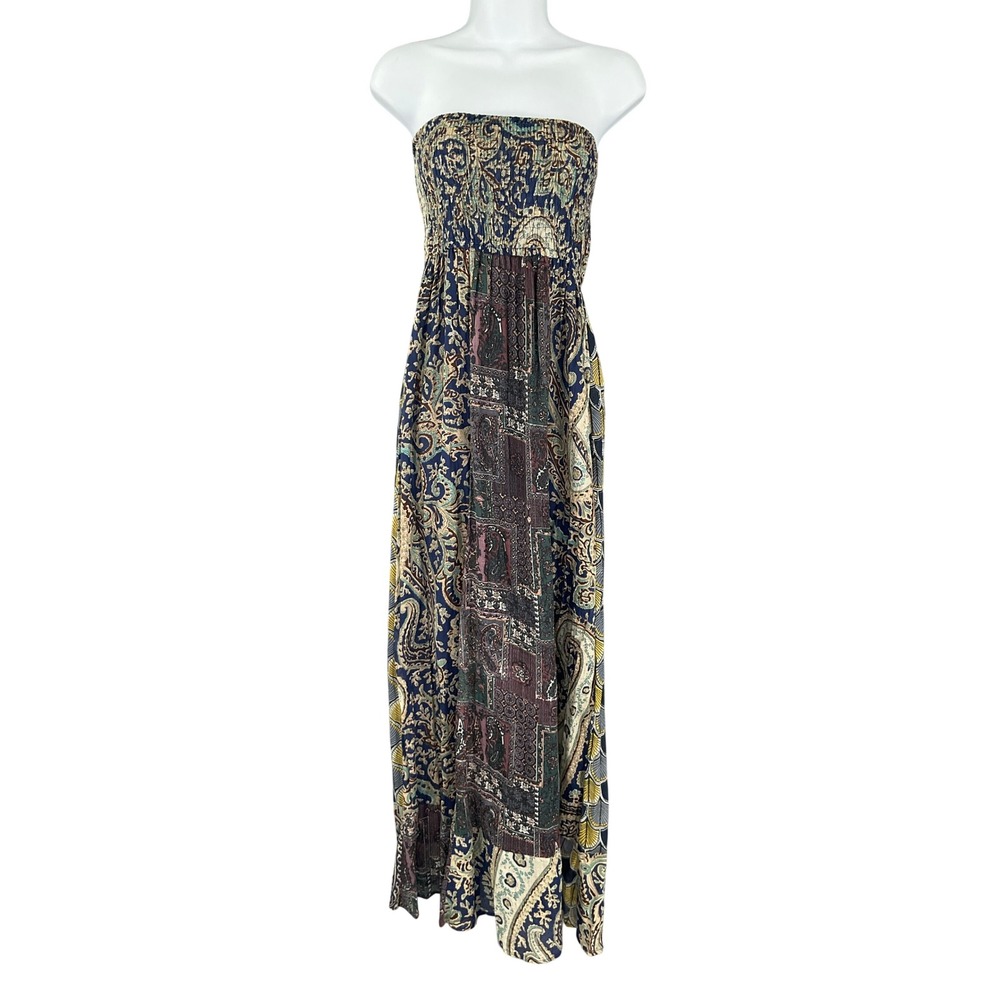 Solitaire Paisley Smocked‎ Bodice Strapless Maxi Dress Size L Sundress Festival